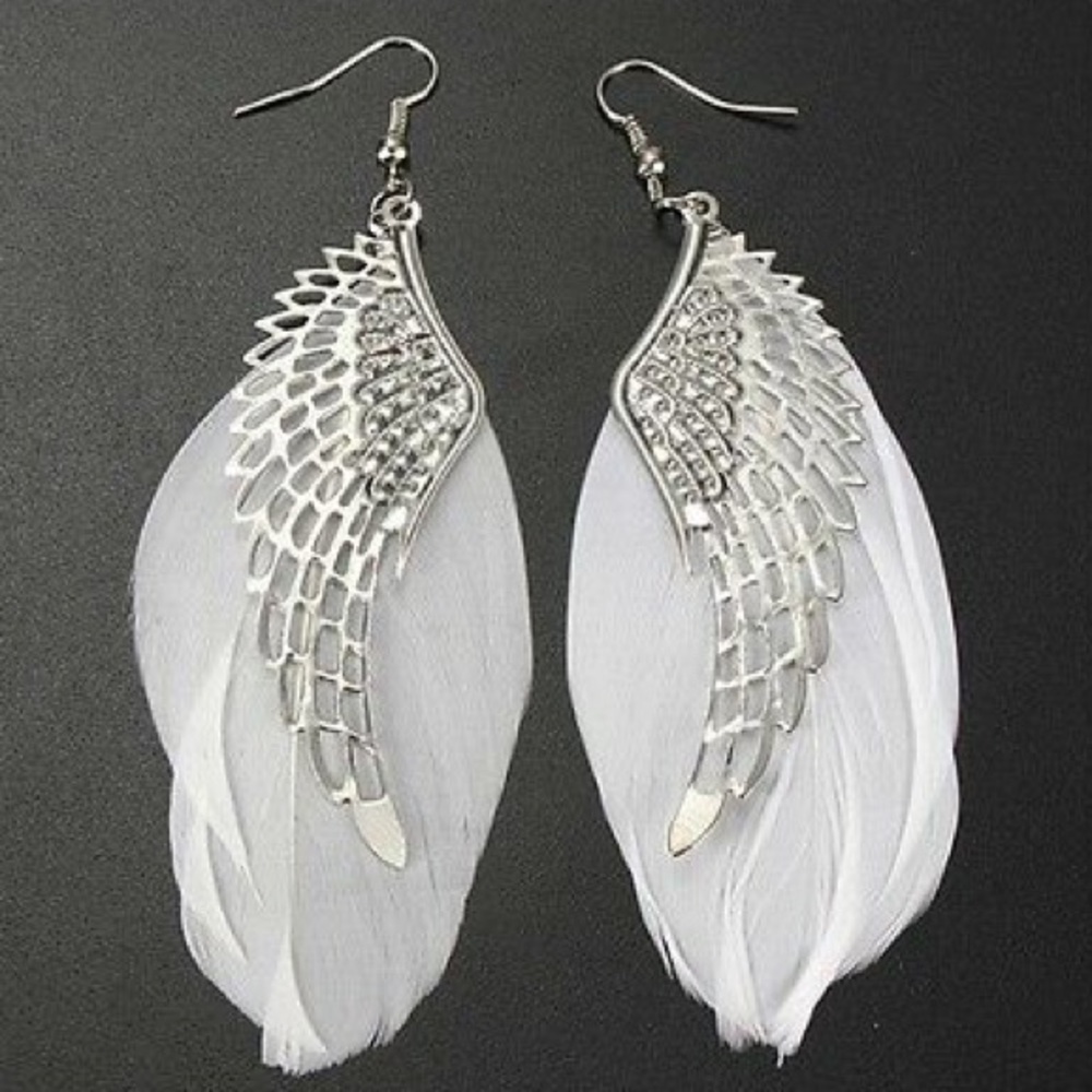 Angel Wing Feather Dangle Earrings - Picture 2 of 5